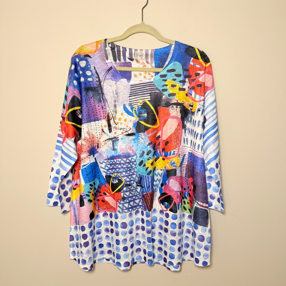 Women's Et Lois Tunic Top Multicolored Graphic Blouse 3/4 Sleeve Art SZ 1X